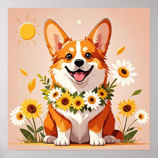 Corgi hond kroon van zonnebloemen wanddecoratie ku poster (Voorkant)