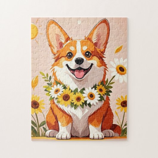 Corgi hond kroon van zonnebloemen wanddecoratie legpuzzel (Verticaal)