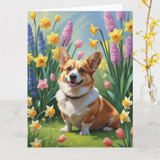Corgi-hond lente bloemen schilderij  kaart (Gele Bloem)