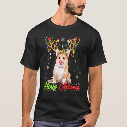 Corgi-hond met gewei Vrolijk Kerst T-shirt Kerstmi (Voorkant)