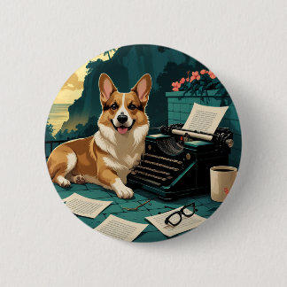 Corgi-hond met glanzende vacht en een heren vintag ronde button 5,7 cm