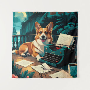Corgi-hond met glanzende vacht en een heren vintag wandkleed