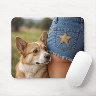 Corgi hond met jonge vrouw in denim shorts muismat