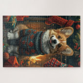 Corgi-hond met kerstcadeaus bij de open haard legpuzzel (Horizontaal)