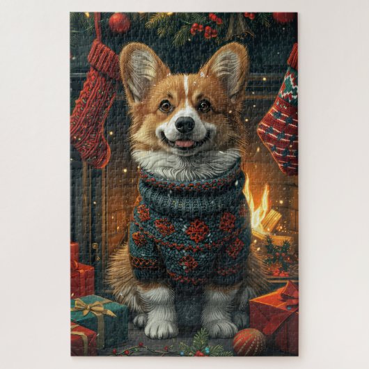 Corgi-hond met kerstcadeaus bij de open haard legpuzzel (Verticaal)