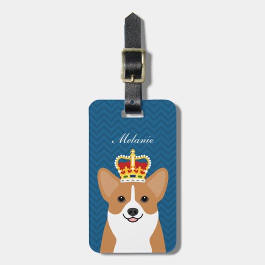 Corgi hond met kroon donkerblauwe achtergrond bagagelabel (Voorkant verticaal)