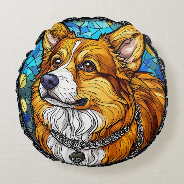 Corgi Hond Portret Rond Kussen (Voorkant)
