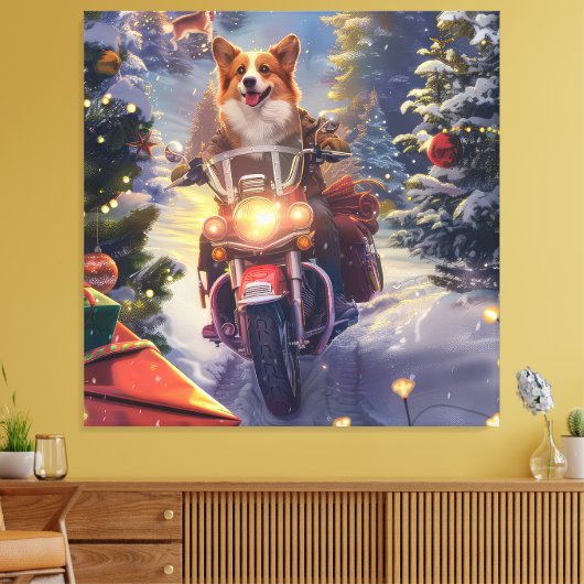 Corgi Hond Rijden Motorfiets Kerstmis Canvas Afdruk (Insitu (Woonkamer))