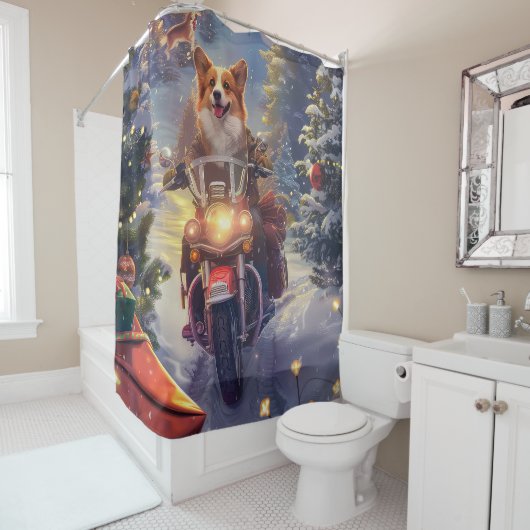 Corgi Hond Rijden Motorfiets Kerstmis Douchegordijn (In situ)