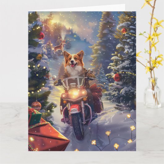 Corgi Hond Rijden Motorfiets Kerstmis Kaart (Gele Bloem)