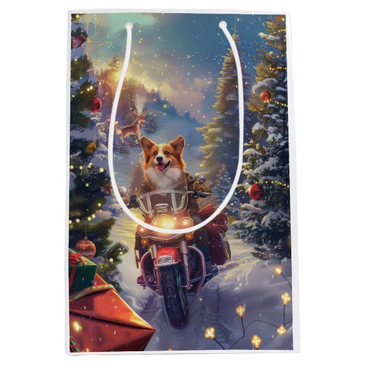 Corgi Hond Rijden Motorfiets Kerstmis Medium Cadeauzakje (Voorkant)