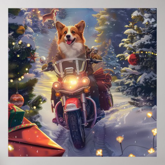 Corgi Hond Rijden Motorfiets Kerstmis Poster (Voorkant)