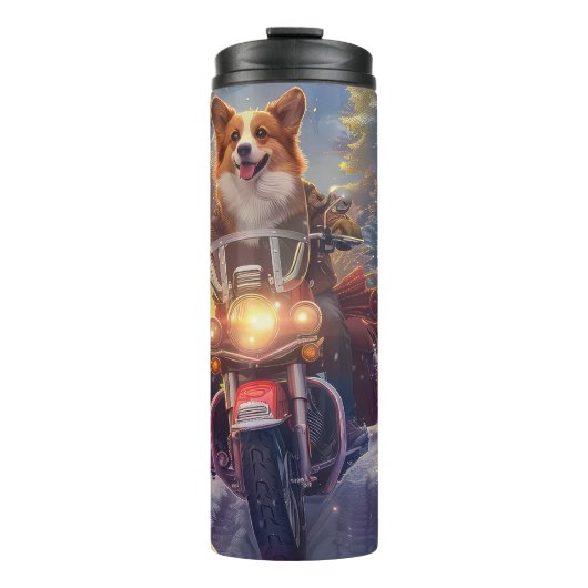 Corgi Hond Rijden Motorfiets Kerstmis Thermosbeker (Voorkant)