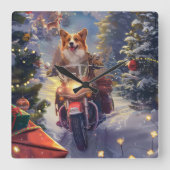 Corgi Hond Rijden Motorfiets Kerstmis Vierkante Klok (Voorkant)