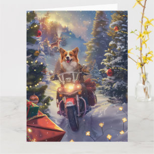 Corgi-hond rijdt op motorfiets met Kerstmis Kaart