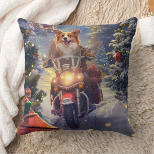 Corgi-hond rijdt op motorfiets met Kerstmis Kussen