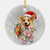 Corgi hond verpakt in kerstverlichting keramisch ornament (Voorkant)