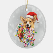 Corgi hond verpakt in kerstverlichting keramisch ornament (Links)
