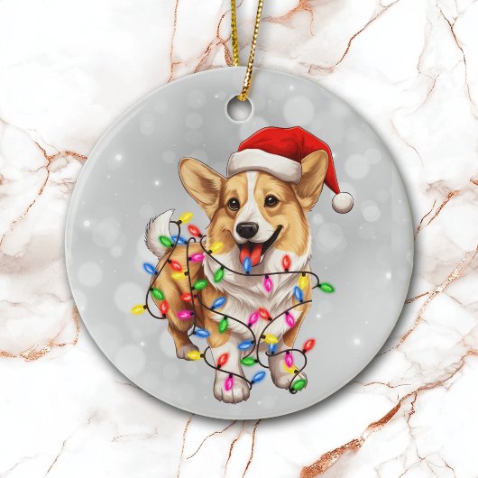 Corgi hond verpakt in kerstverlichting keramisch ornament