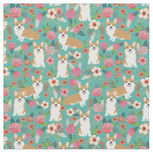 corgi honden  floralen turquoise stof