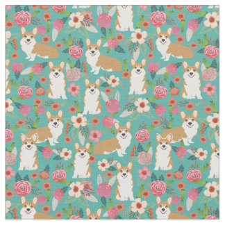 corgi honden  floralen turquoise stof