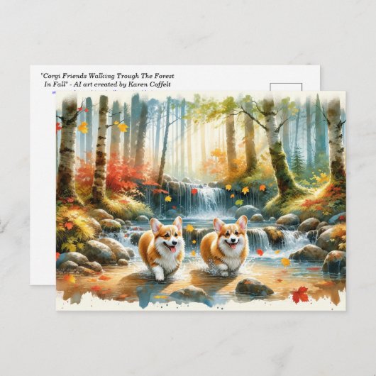 Corgi honden in een bosrijke stroom met herfstkleu briefkaart (Voorkant / Achterkant)