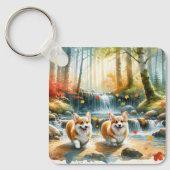 Corgi honden in een bosrijke stroom met herfstkleu sleutelhanger (Voorkant)