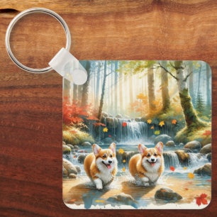 Corgi honden in een bosrijke stroom met herfstkleu sleutelhanger