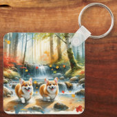 Corgi honden in een bosrijke stroom met herfstkleu sleutelhanger (Achterkant)