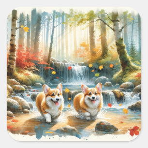 Corgi honden in een bosrijke stroom met herfstkleu vierkante sticker