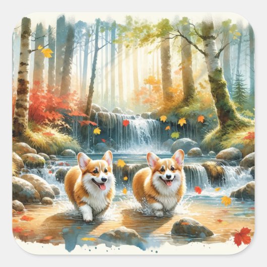Corgi honden in een bosrijke stroom met herfstkleu vierkante sticker (Voorkant)