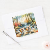 Corgi honden in een bosrijke stroom met herfstkleu vierkante sticker (Envelop)