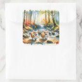 Corgi honden in een bosrijke stroom met herfstkleu vierkante sticker (Tas)