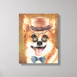 Corgi-hondengezicht met pet bril waterverf canvas afdruk