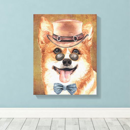 Corgi hondengezicht met petten bril waterverf canvas afdruk (Insitu (Houten vloer))
