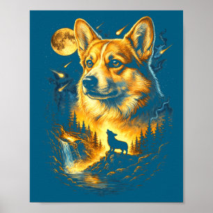 Corgi huilt naar de maan vintage 90s grappige hond poster