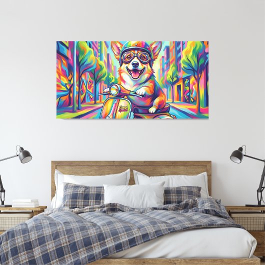 Corgi Hund auf Motorroller Pop Art Canvas Afdruk (Insitu (Slaapkamer))