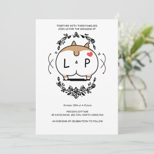 Corgi-huwelijksverjaardagsuitnodiging cartoon kaart (Staand voorkant)