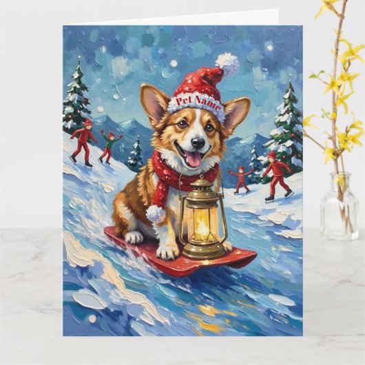 Corgi Ice Slider Christmas Lantern Hat Kaart (Gele Bloem)