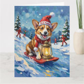 Corgi Ice Slider Christmas Lantern Hat Kaart (Voorkant)
