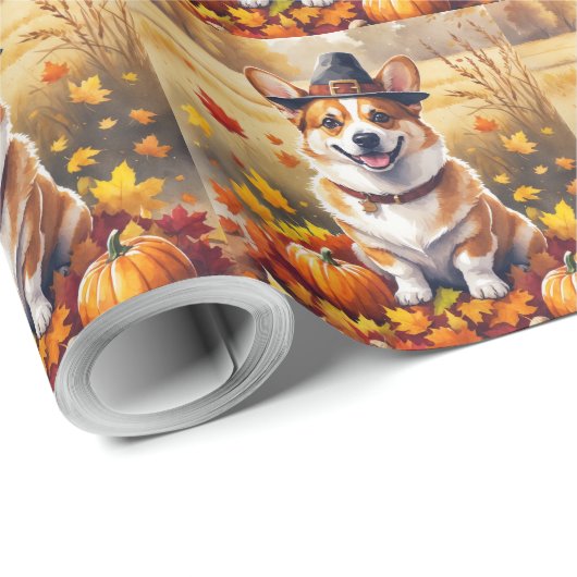 Corgi in de herfst verlaat Thanksgiving kunst Cadeaupapier (Rol Hoek)