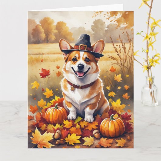 Corgi in de herfst verlaat Thanksgiving kunst Kaart (Gele Bloem)