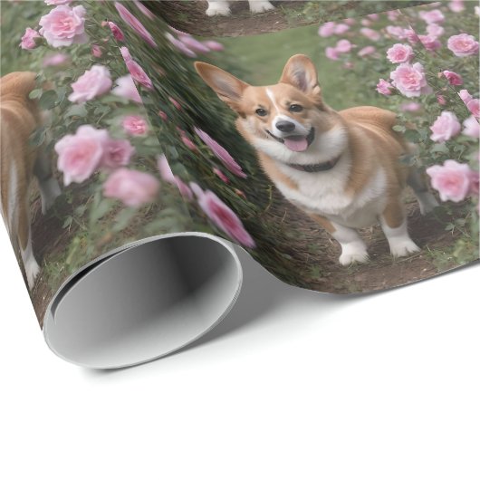 Corgi in de roze rozen, cadeaupapier (Rol Hoek)