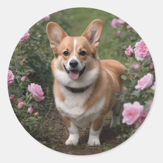Corgi in de roze rozen, ronde sticker (Voorkant)