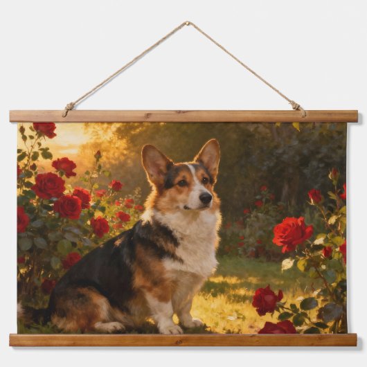 Corgi in de Rozen I Hangend Wandkleed (Voorkant)