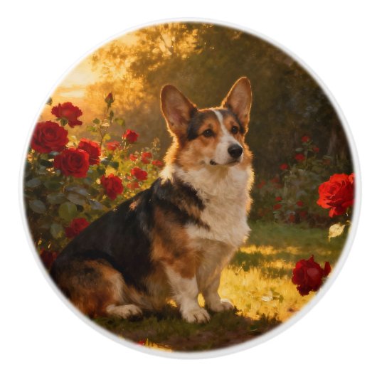 Corgi in de rozen I Keramische Knop (Voorkant)