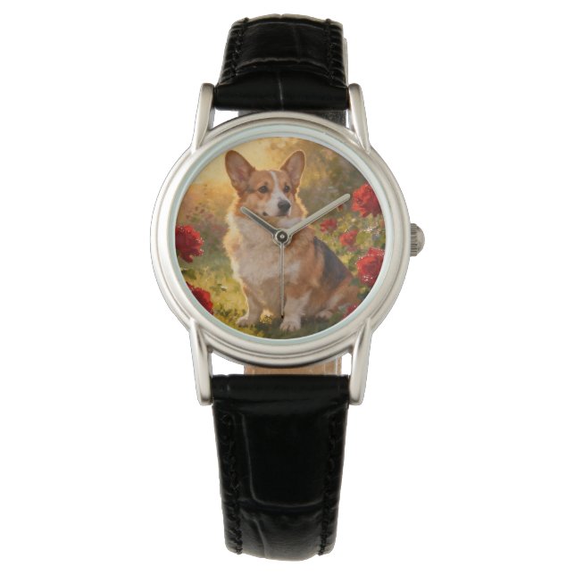 Corgi in de Rozen III Horloge (Voorkant)