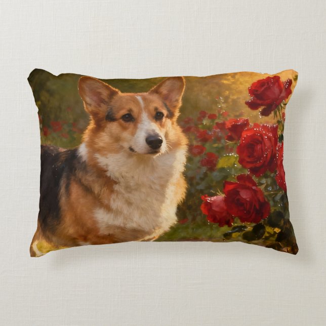 Corgi in de Rozen V Accent Kussen (Voorkant)