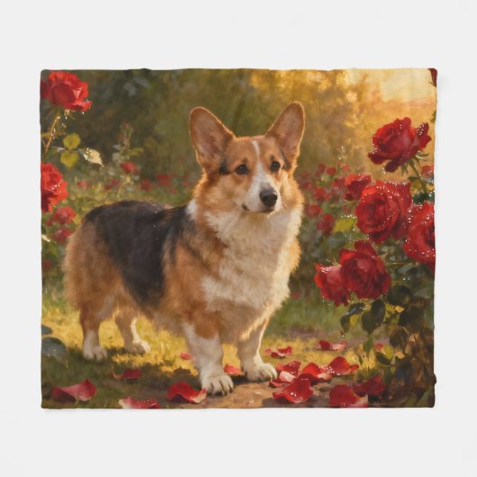 Corgi in de Rozen V Fleece Deken (Voorkant (Horizontaal))