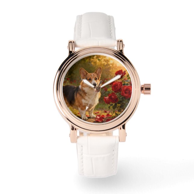 Corgi in de Rozen V Horloge (Voorkant)